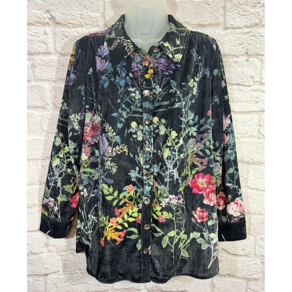 Soft Surroundings Black Floral Velvet fairy Grunge Whimsy Button Up Shirt PL